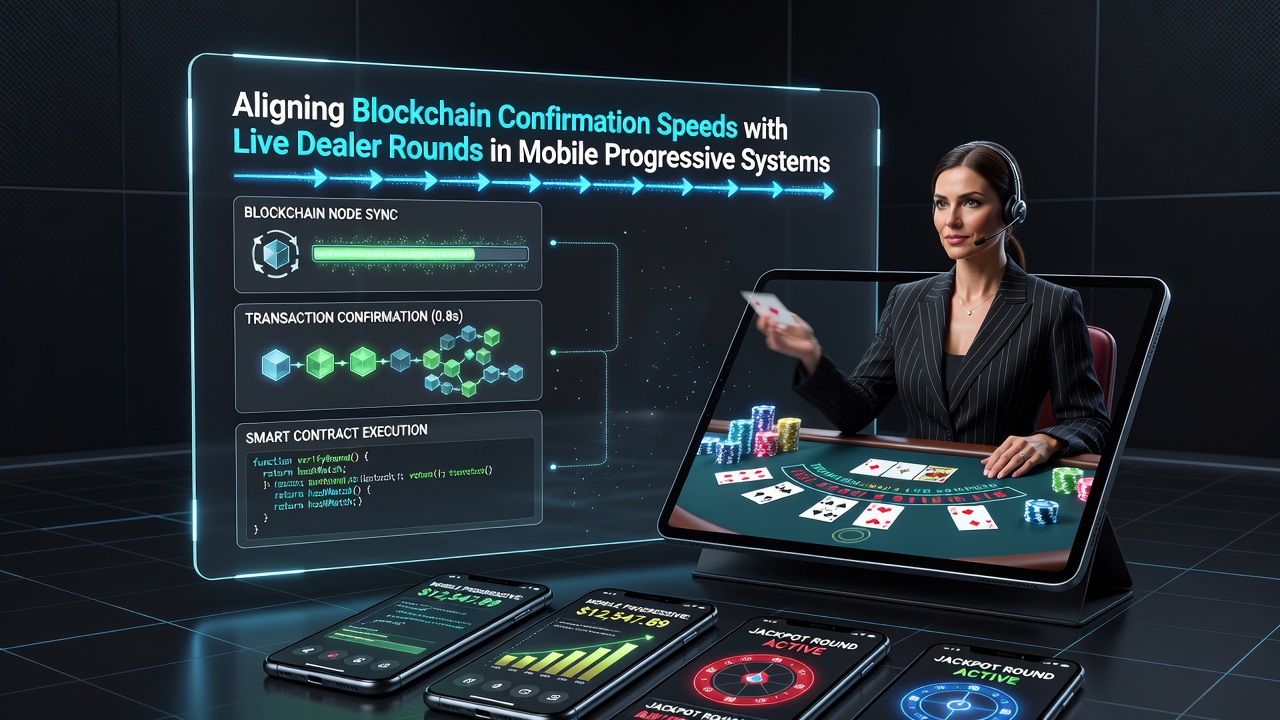 Technische Darstellung der Synchronisation von Blockchain-Bestätigungen mit Live-Dealer-Runden auf mobilen Geräten