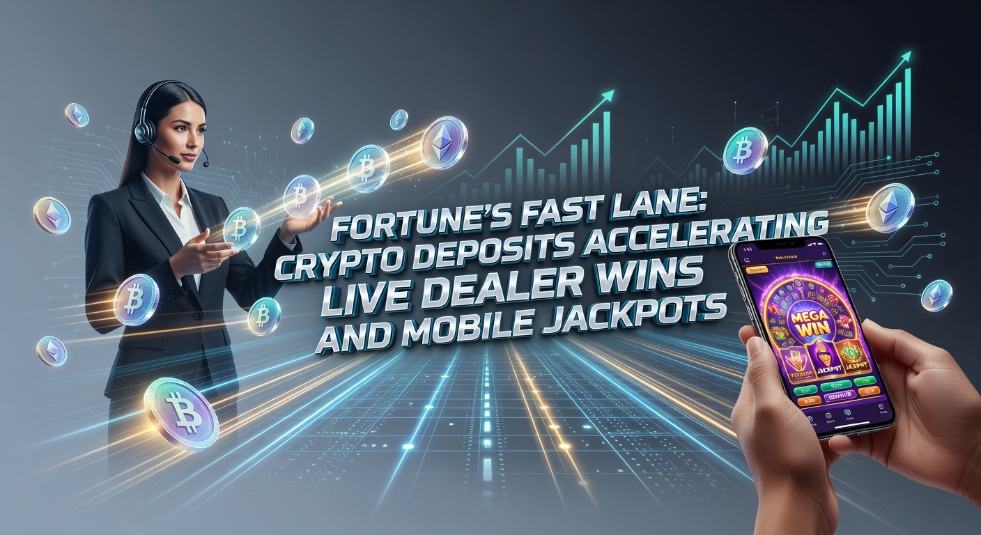 Dynamisches Bild von Krypto-Transaktionen, die in ein Casino mit Live-Dealern und mobilen Jackpots übergehen, symbolisiert durch blitzschnelle Blockchain-Pfeile und glühende Jackpot-Symbole auf Smartphones