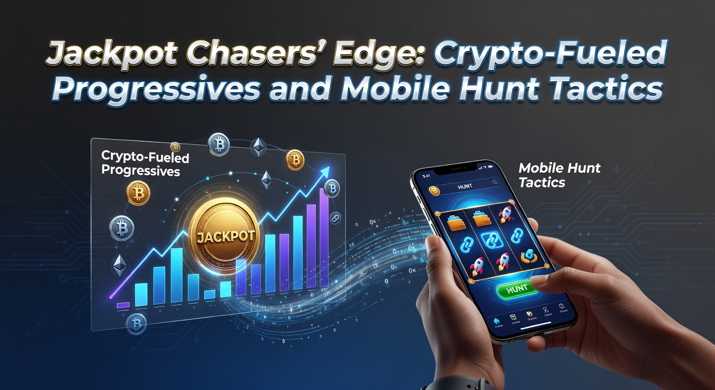 Ein dynamisches Bild von leuchtenden Jackpot-Symbolen auf einem Smartphone-Bildschirm, umgeben von Krypto-Währungssymbolen wie Bitcoin und Ethereum, das die Verbindung von mobiler Jagd und progressiven Preisen symbolisiert