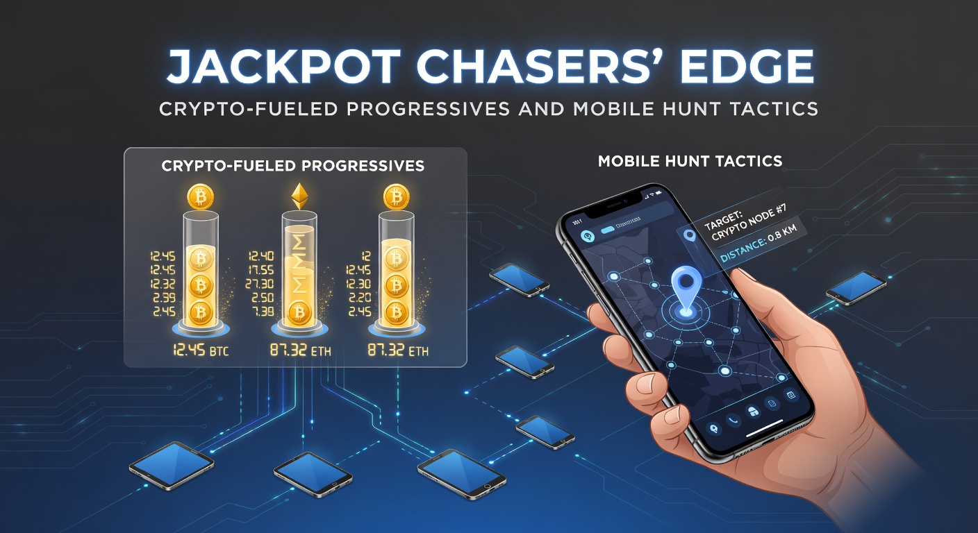 Nahaufnahme eines Spielers, der auf einem modernen Smartphone einen progressiven Jackpot jagt, mit Krypto-Wallet im Hintergrund und explodierenden Gewinnsymbolen