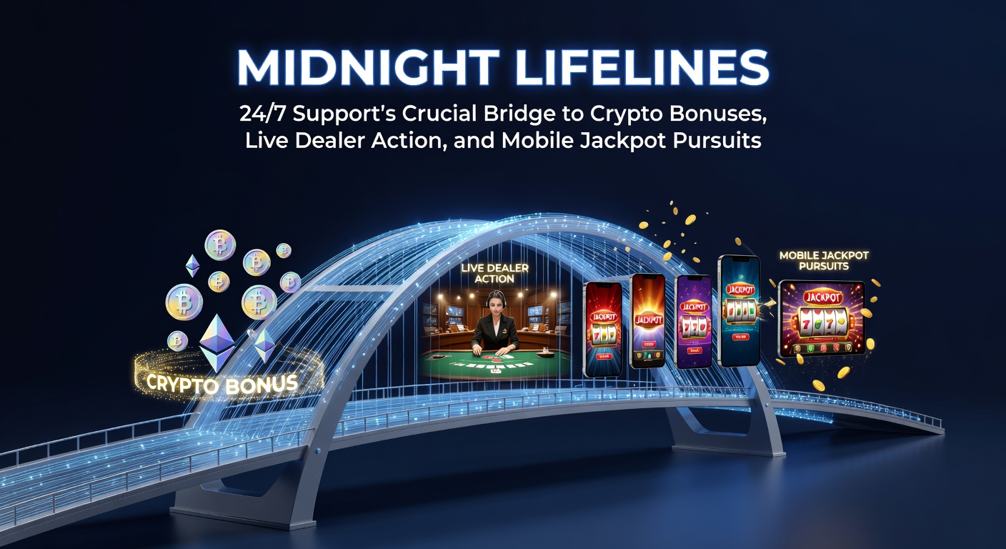 Ein beleuchtetes Support-Team in Aktion bei Nacht, das Spieler mit Crypto-Boni und Live-Tischen verbindet