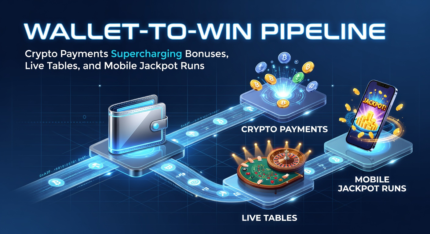 Schematische Darstellung der Wallet-to-Win-Pipeline, die Krypto-Transaktionen von der Wallet direkt zu Boni, Live-Tischen und Jackpots leitet